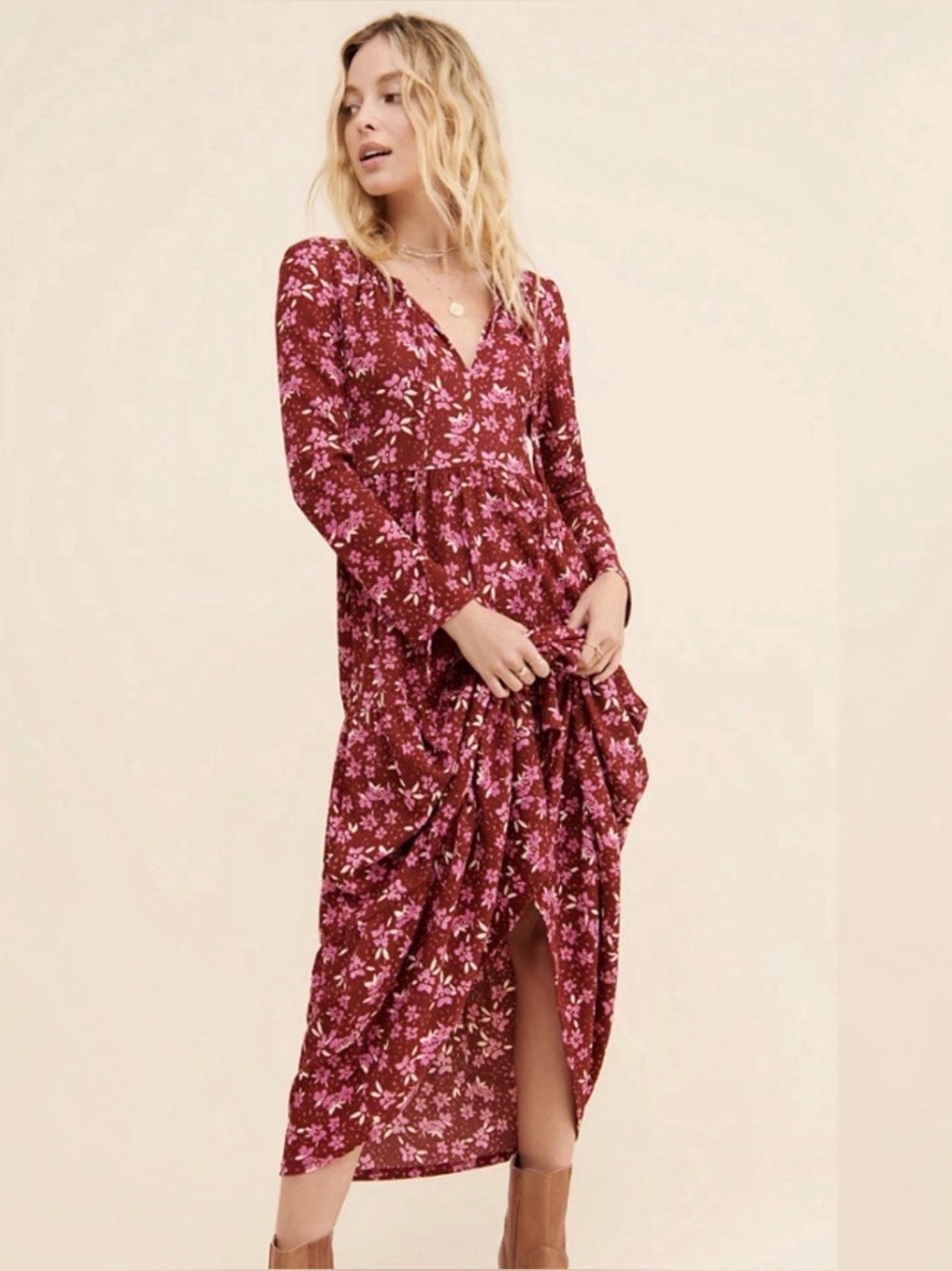 Free People Tiers Of Joy Floral Maxi Dress Size M Burgundy Long Sleeve Tiered